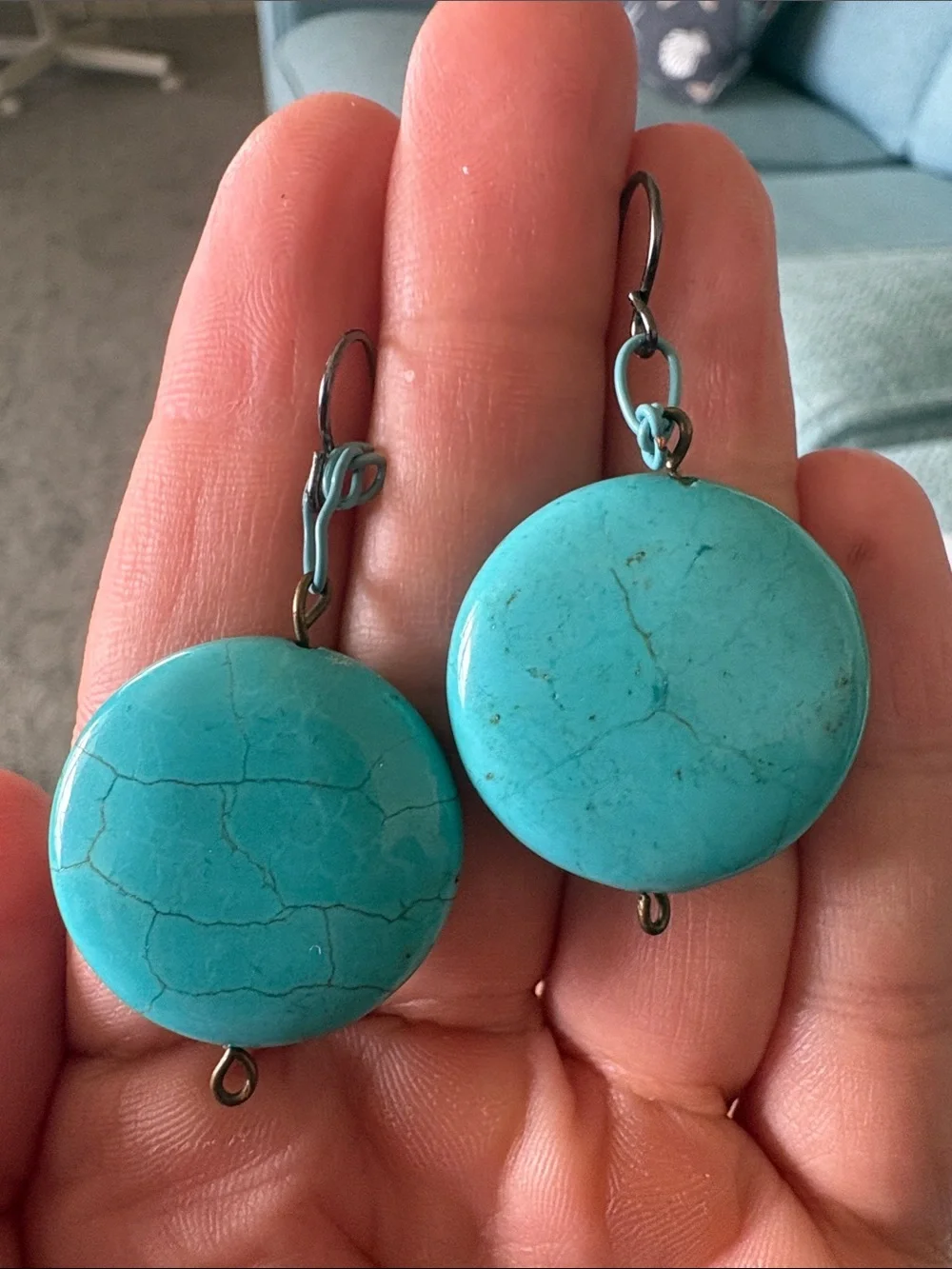 Handmade Faux Turquoise Disc Dangle Earrings Boho Southwestern Statement